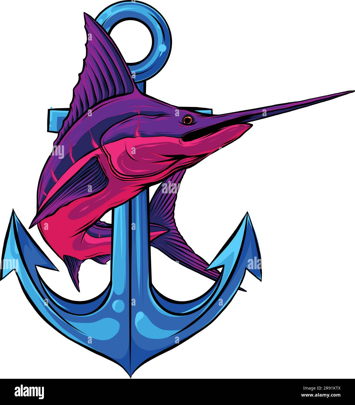 vector illustration of Marlin fish with anchor on white background