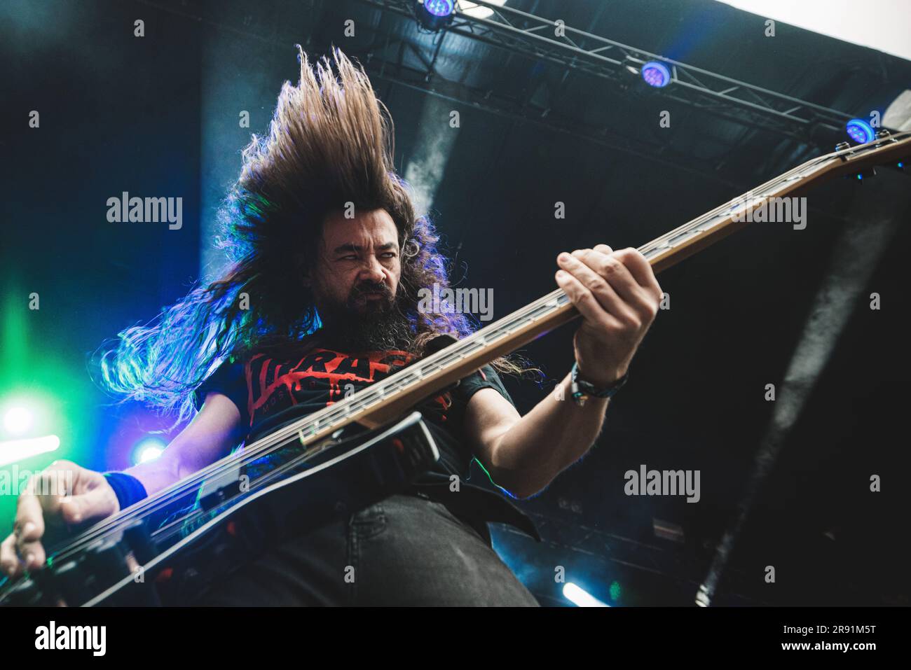 Copenhagen, Denmark. 16th, June 2023. The Spanish thrash metal band Angelus  Apatrida performs a live concert during the Danish heavy metal festival  Copenhell 2023 in Copenhagen. Here bass player Jose Izquierdo is