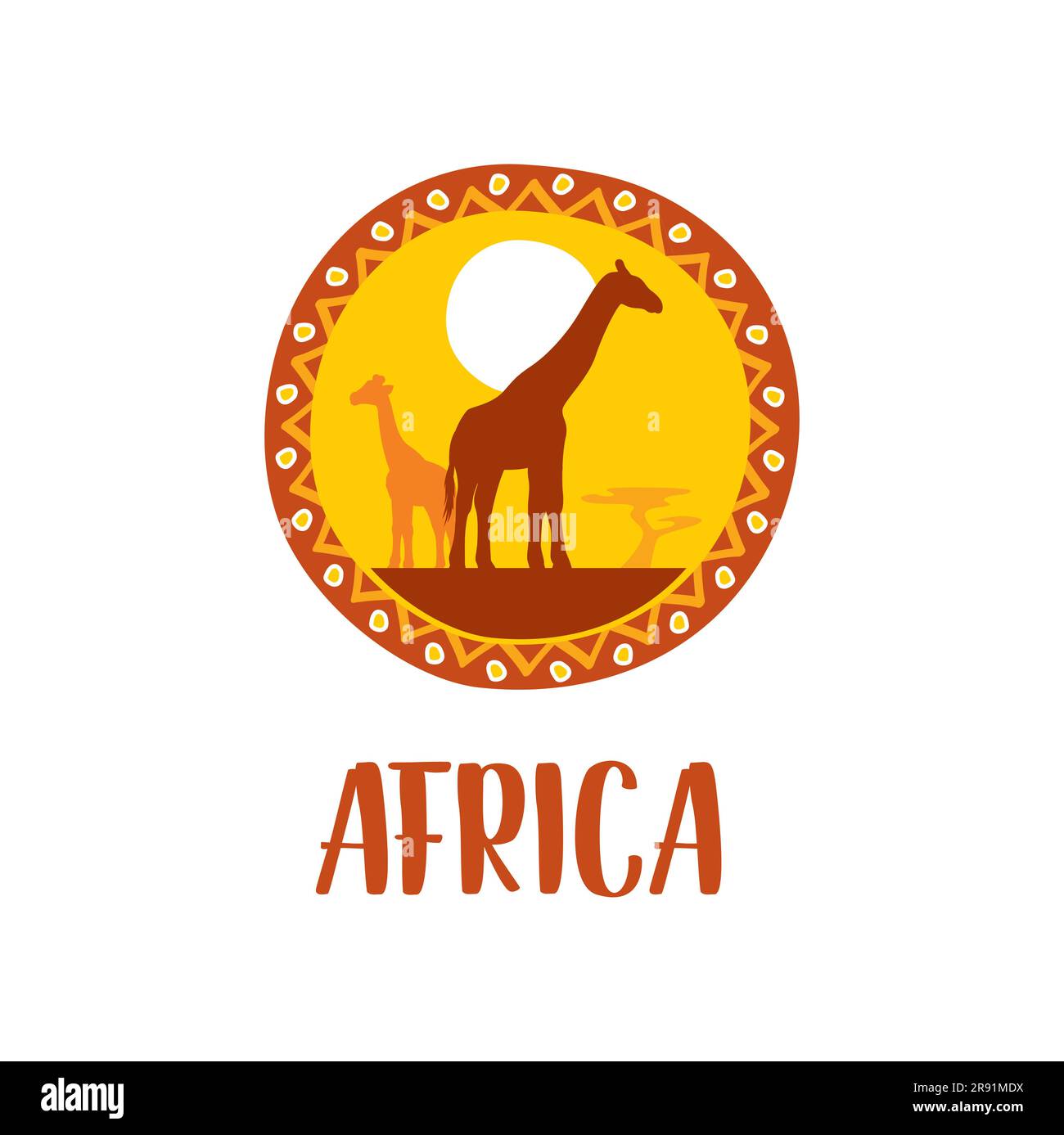 Africa icon, african safari giraffes round symbol in tribal pattern