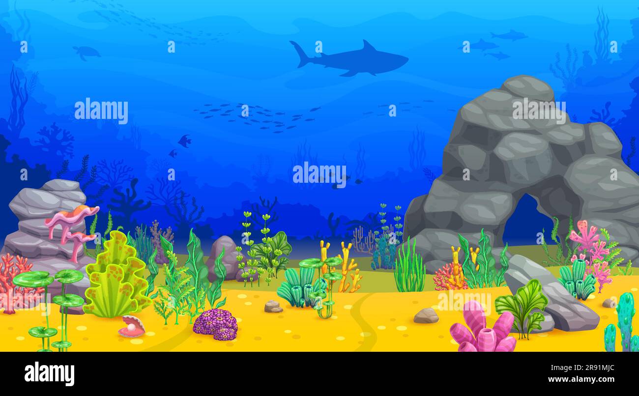 Cartoon underwater landscape with rock arch and seaweeds. Vector background with sea plants, corals reef and animals. Shark, turtle and fish shoal silhouettes in ocean. Water aquatic tropical life Stock Vector