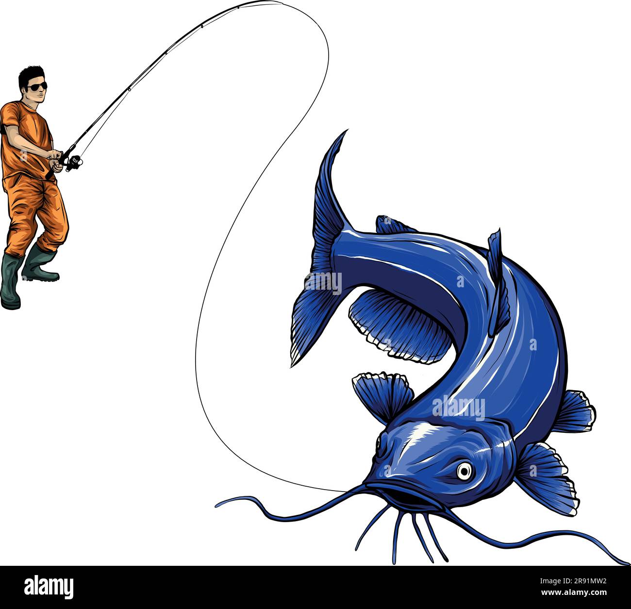 vector illustration of fisherman catching a catfish Stock Vector