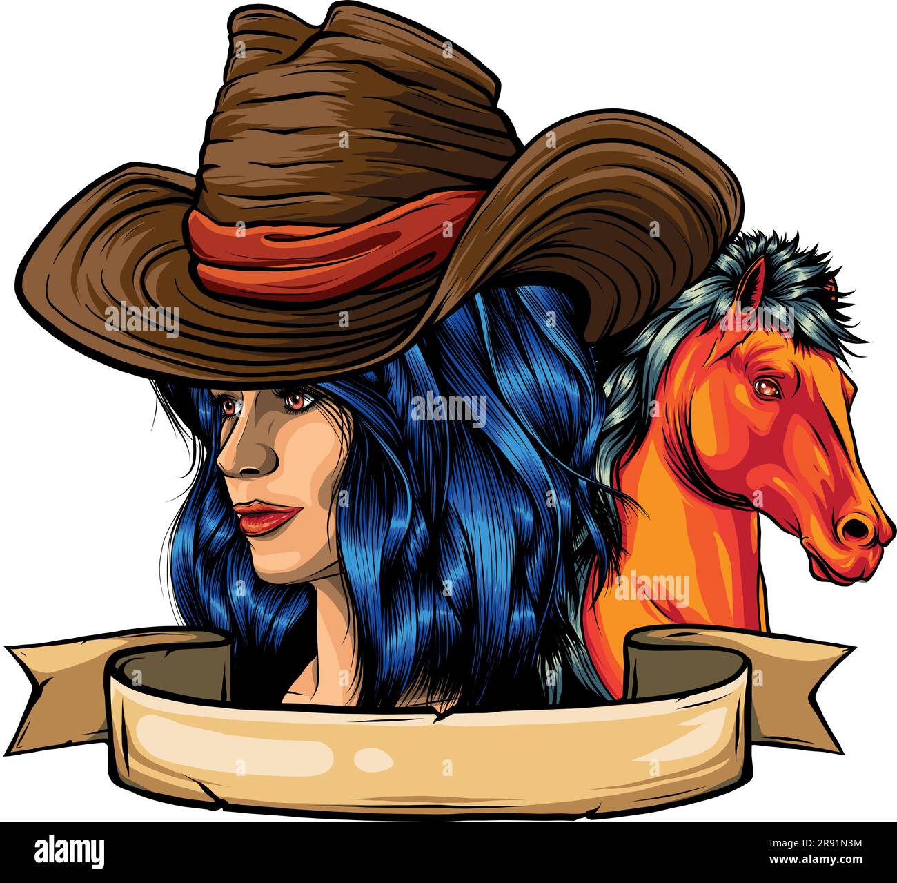 cowgirl woman wearing cowboy hat and with wild mustang horse head
