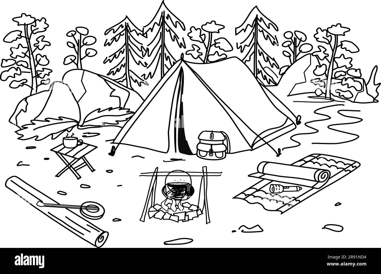 Camping in the woods, style line art Stock Vector