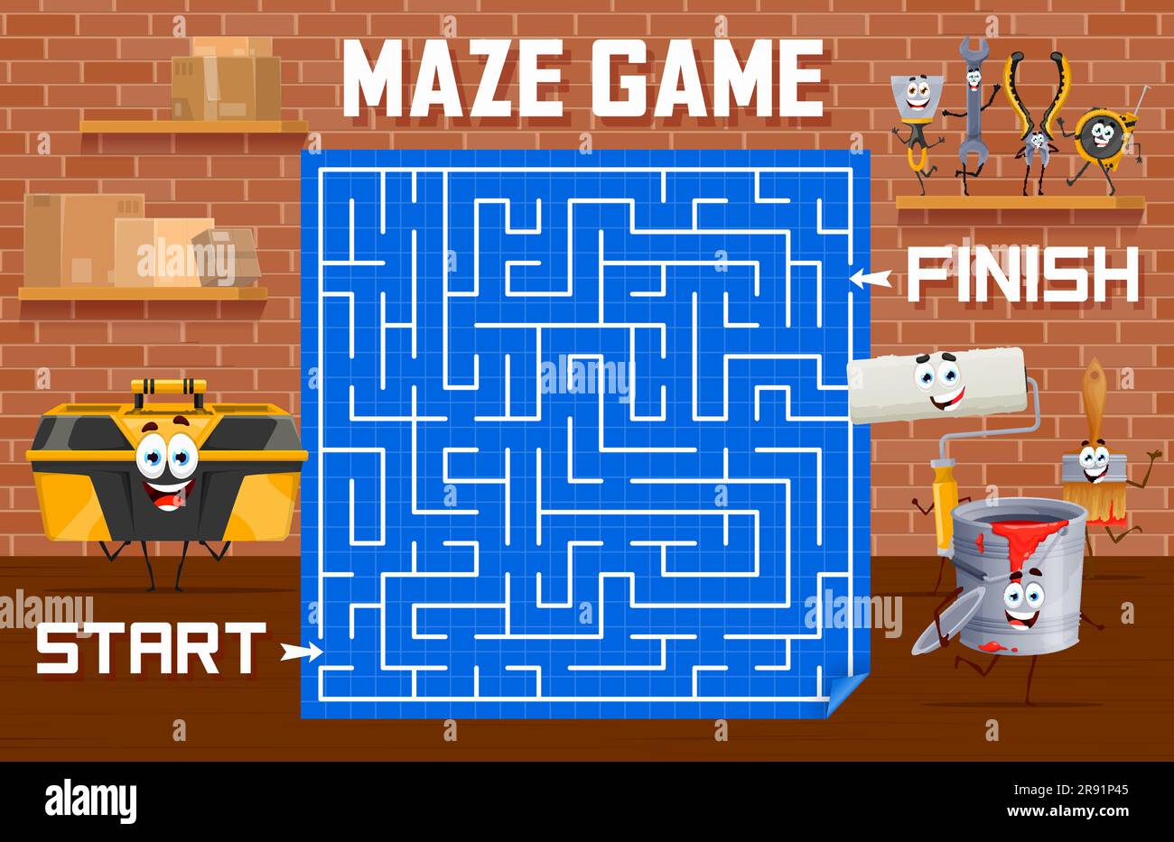Labyrinth maze, help to toolbox to find cartoon repair and DIY work tool characters, vector quiz