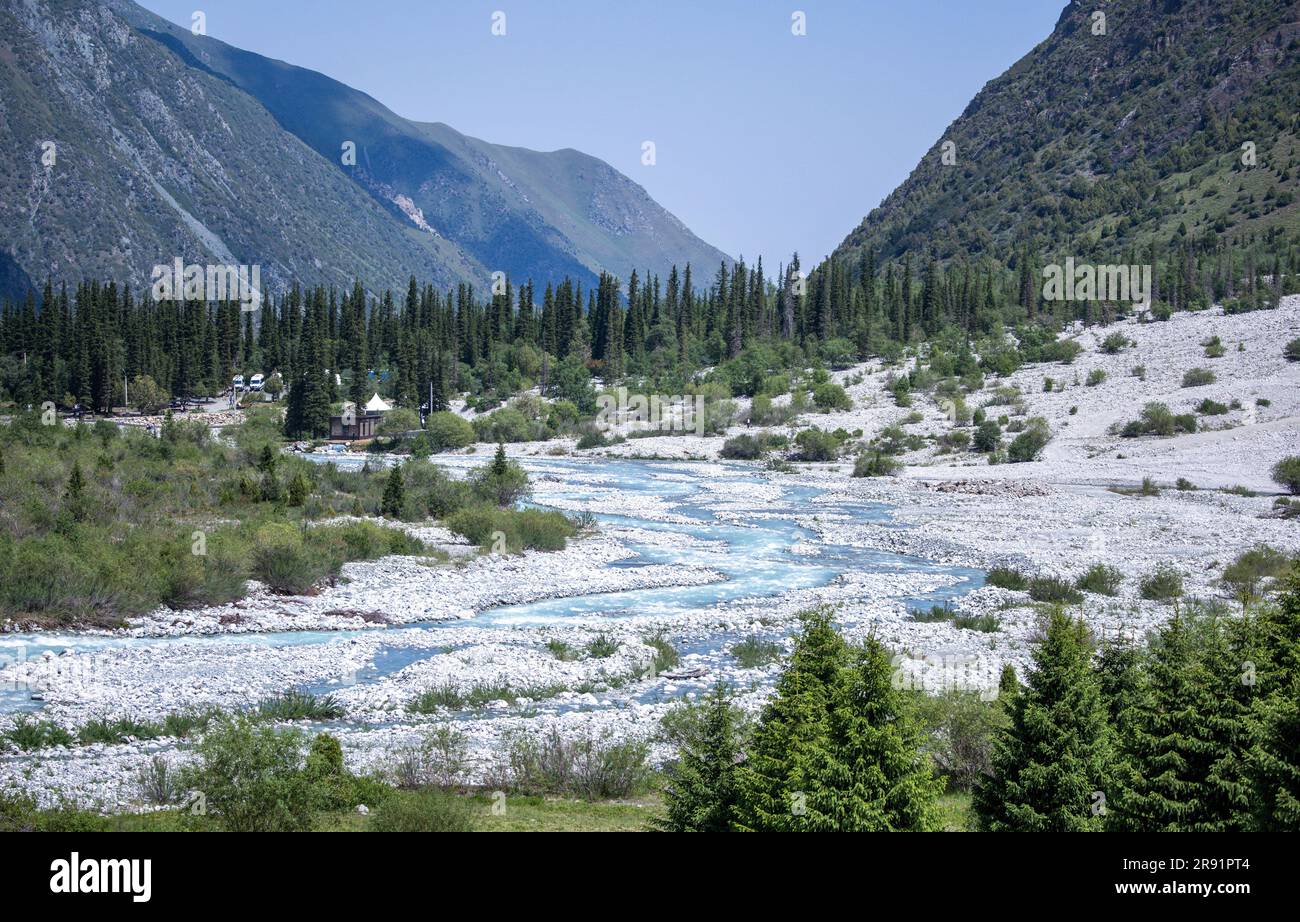 Bischkek, Kyrgyzstan. 23rd June, 2023. The Kyrgyz national park Ala Artscha (engl: colorful juniper) with the Golubin glacier. The geological consequences of climate change are particularly evident here in Kyrgyzstan. Credit: Jens Büttner/dpa/Alamy Live News Stock Photo