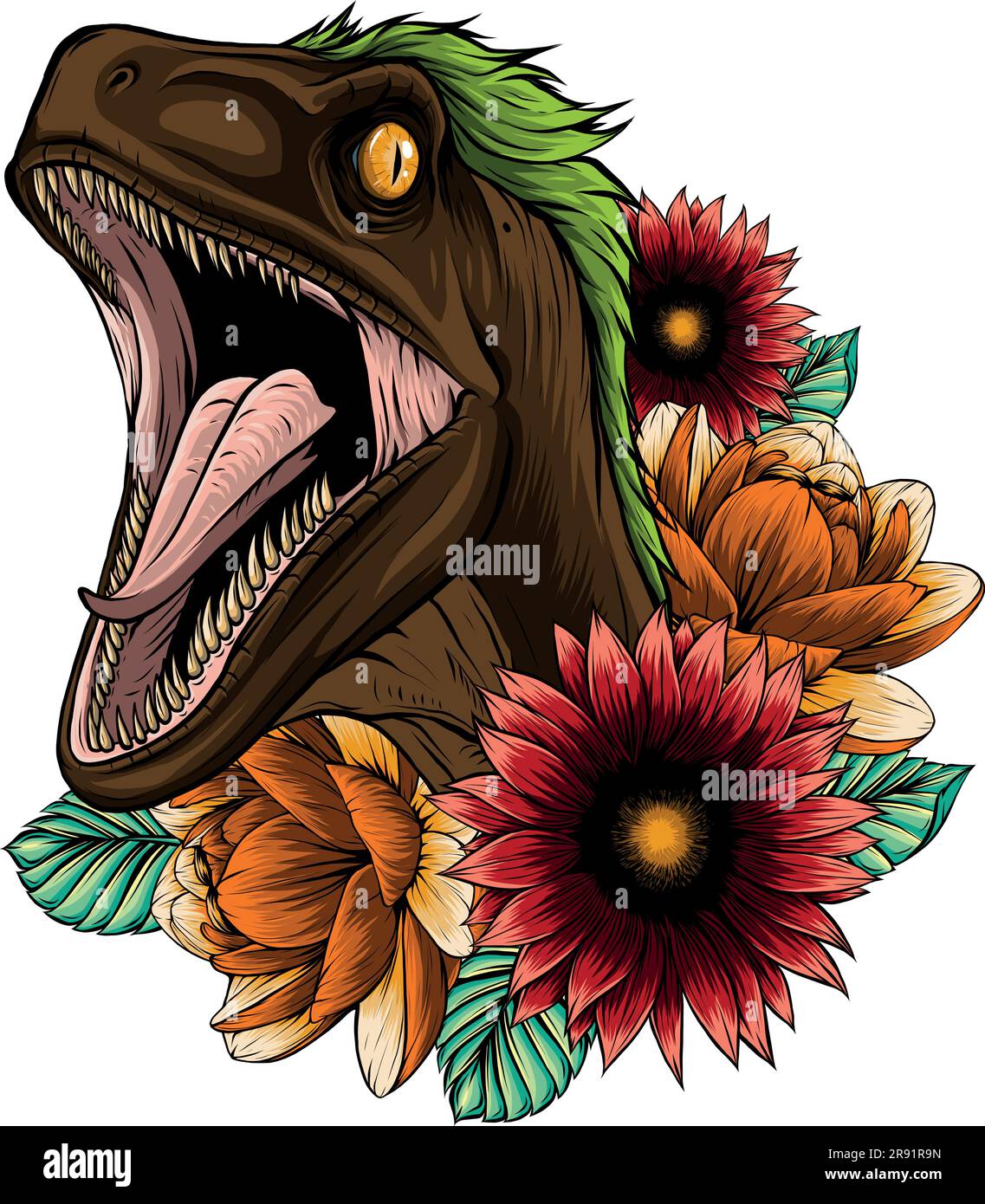 vector illustration of Velociraptor Dinosaur with flower Stock Vector