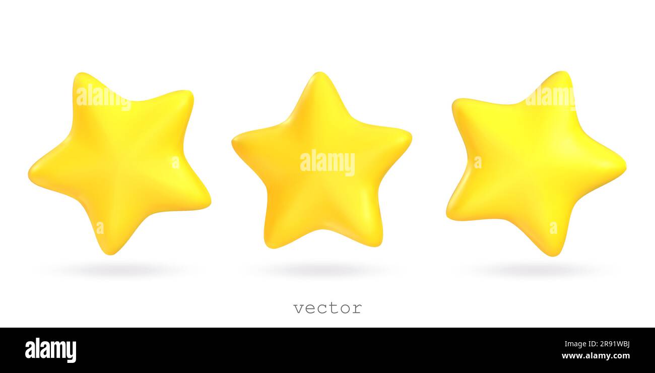 Set of vector 3d star shapes. Plasticine stars, decorative elements for festive, holiday design. Realistic 3d design cartoon style. Vector 3d illustra Stock Vector