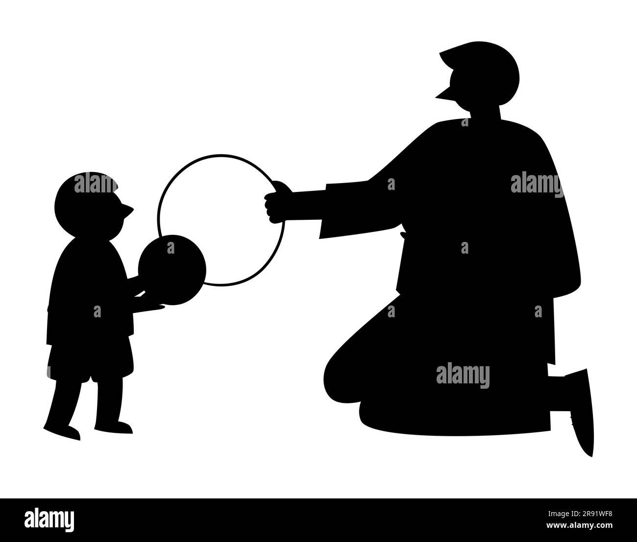 Black silhouette of a little boy playing with his father, good father-son relationship, vector isolated on the white background Stock Vector
