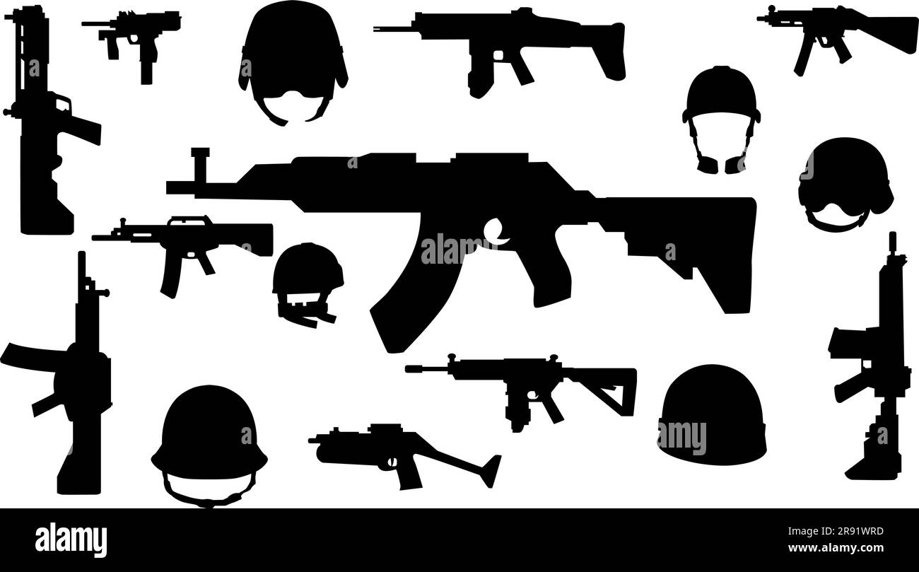 Weapons silhouette set. Collection of various realistic firearms. Isolated assult rifles, sniper rifles, shotguns, handguns, machine guns, historical Stock Vector