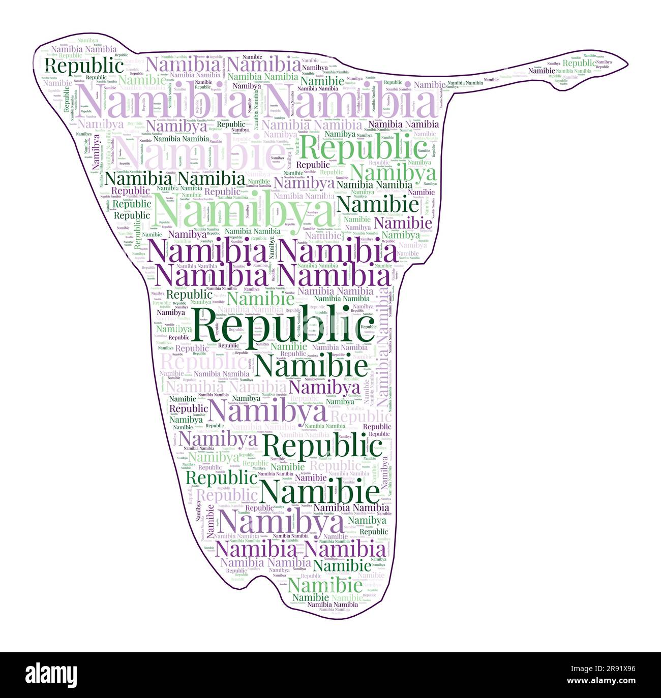 Namibia shape filled with country name in many languages. Namibia map