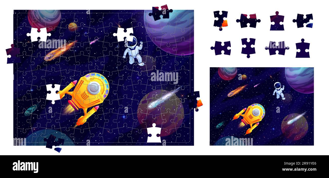 Space galaxy jigsaw puzzle game pieces. Astronaut and starship in outer space. Figure connect