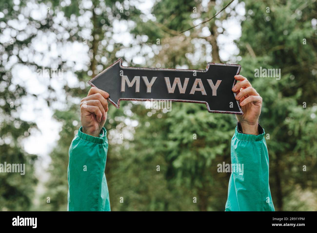 Hiker holding directional sign in forest Stock Photo - Alamy