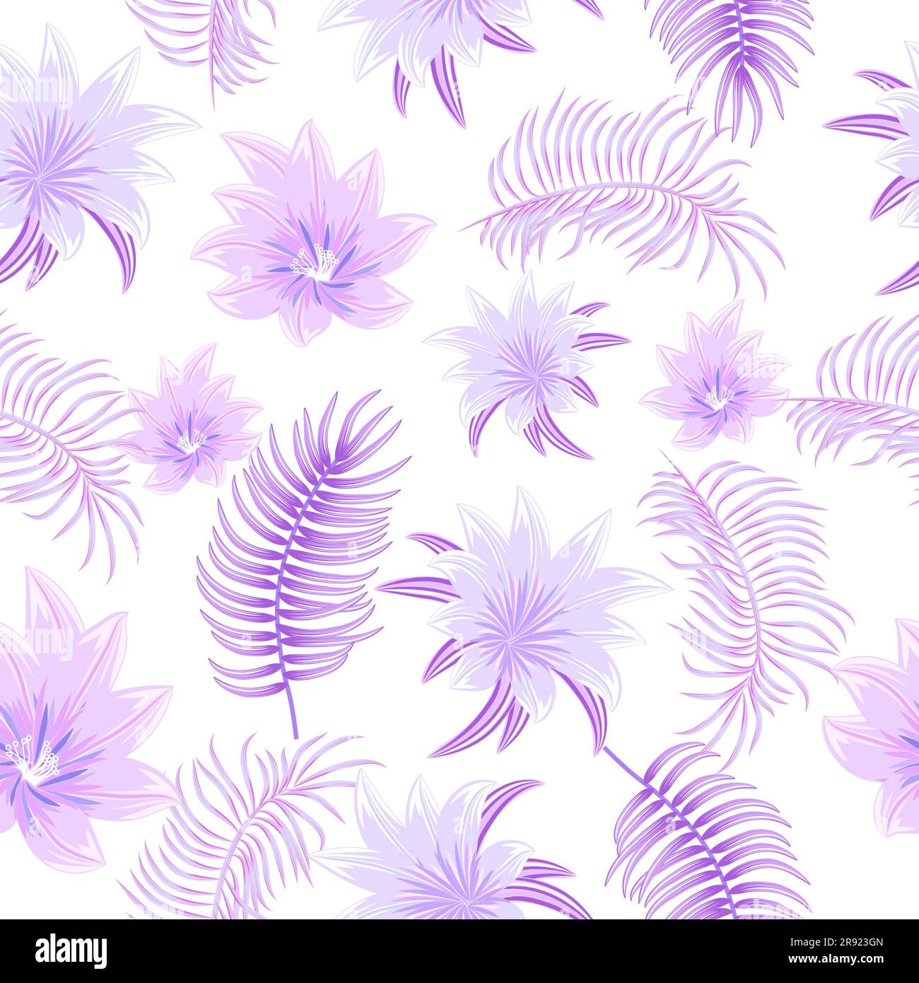 Vector tropical jungle seamless pattern with purple palm trees leaves and flowers, background for wedding, invitation cards,fabric, print. Stock Vector