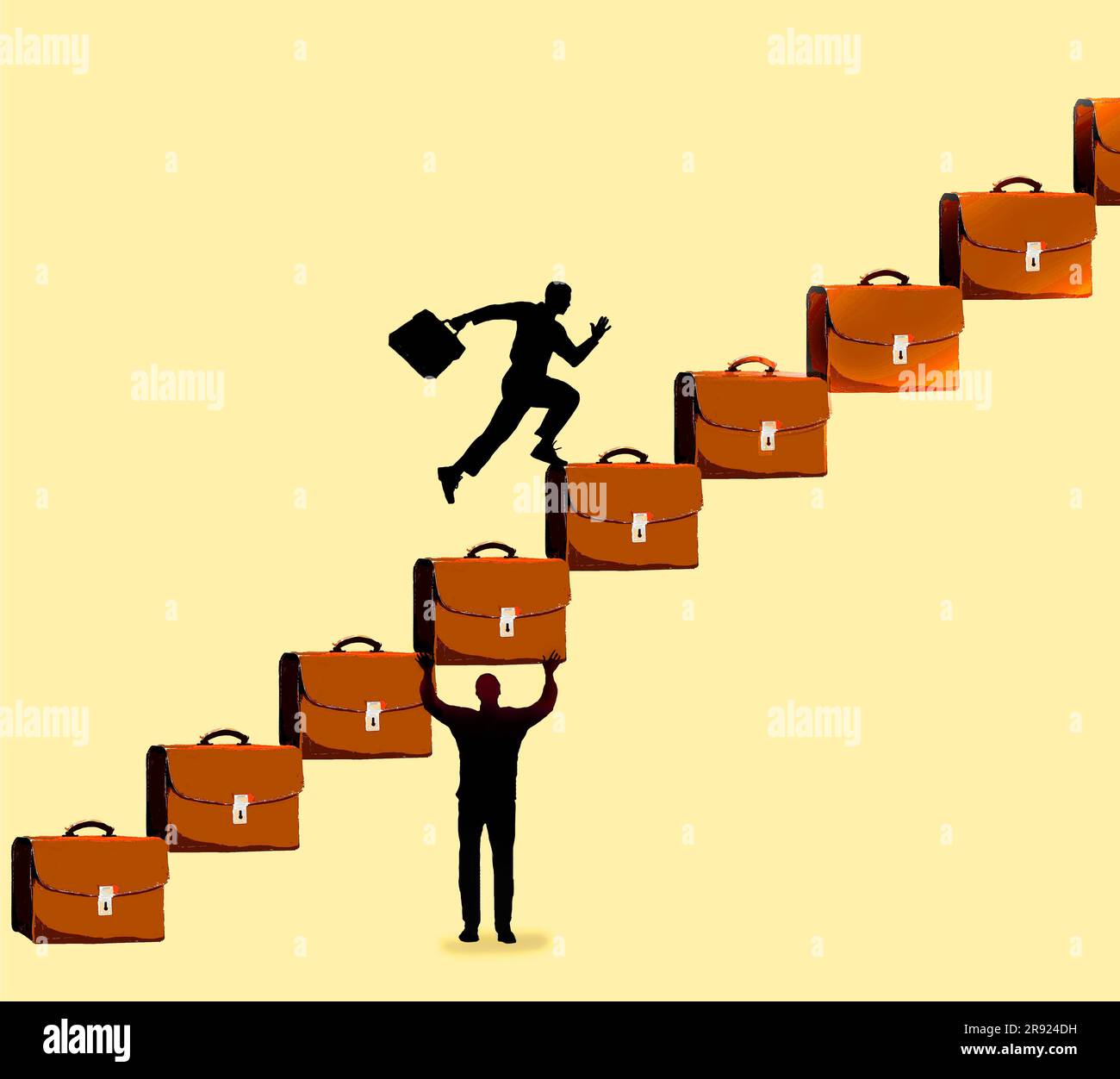 Illustration of businessman running up stairs made of briefcases held