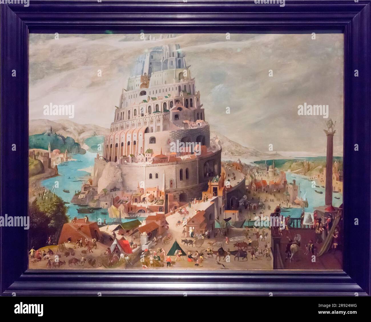 Tower of Babel oil on wood painting by Abel Grimmer, Antwerp, Belgium 1595 in the Louvre Museum, Abu Dhabi, UAE Stock Photo