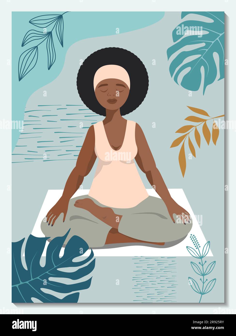African beautiful woman practicing lotus asana. Yoga studio poster. Vertical vector illustration Stock Vector