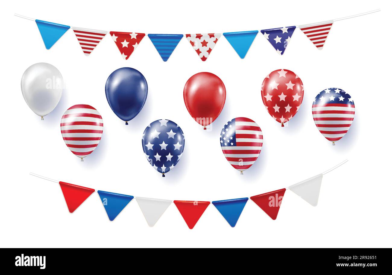 Set of realistic balloons, flags with USA flag. Stock Vector