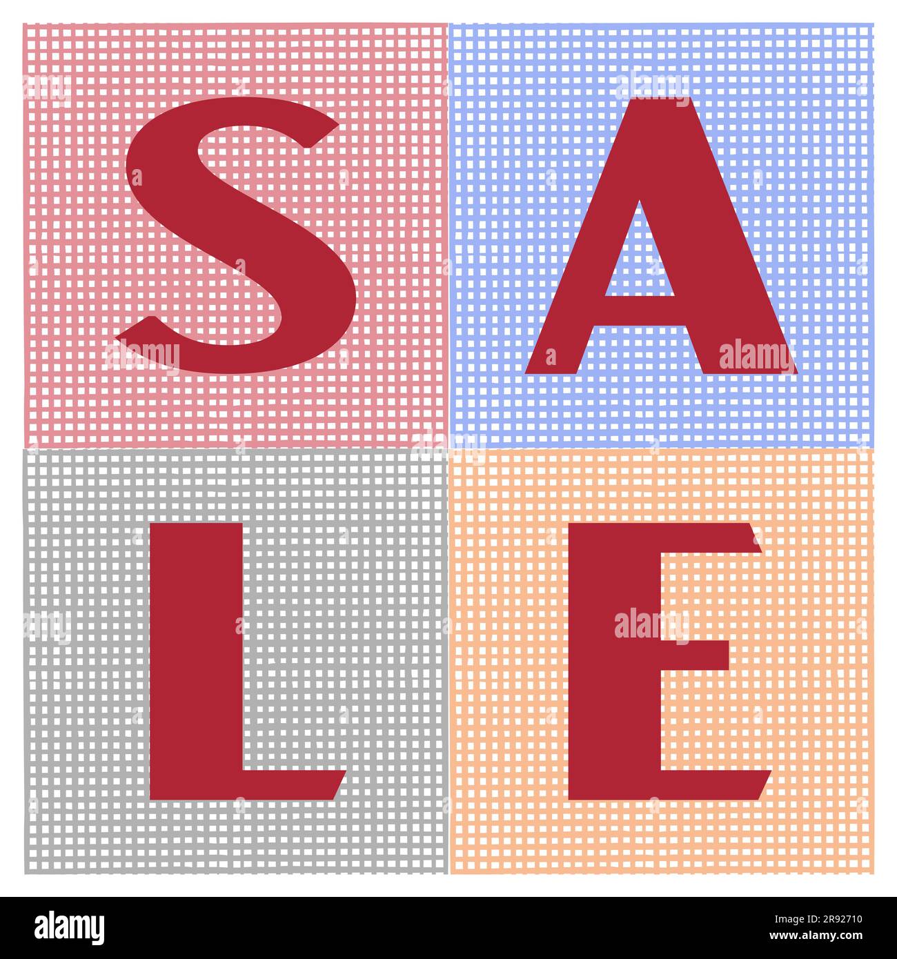 Sale banner template Red word on multi-colored square grid patterns Grunge texture Vector illustration. Isolated on white background Stock Vector