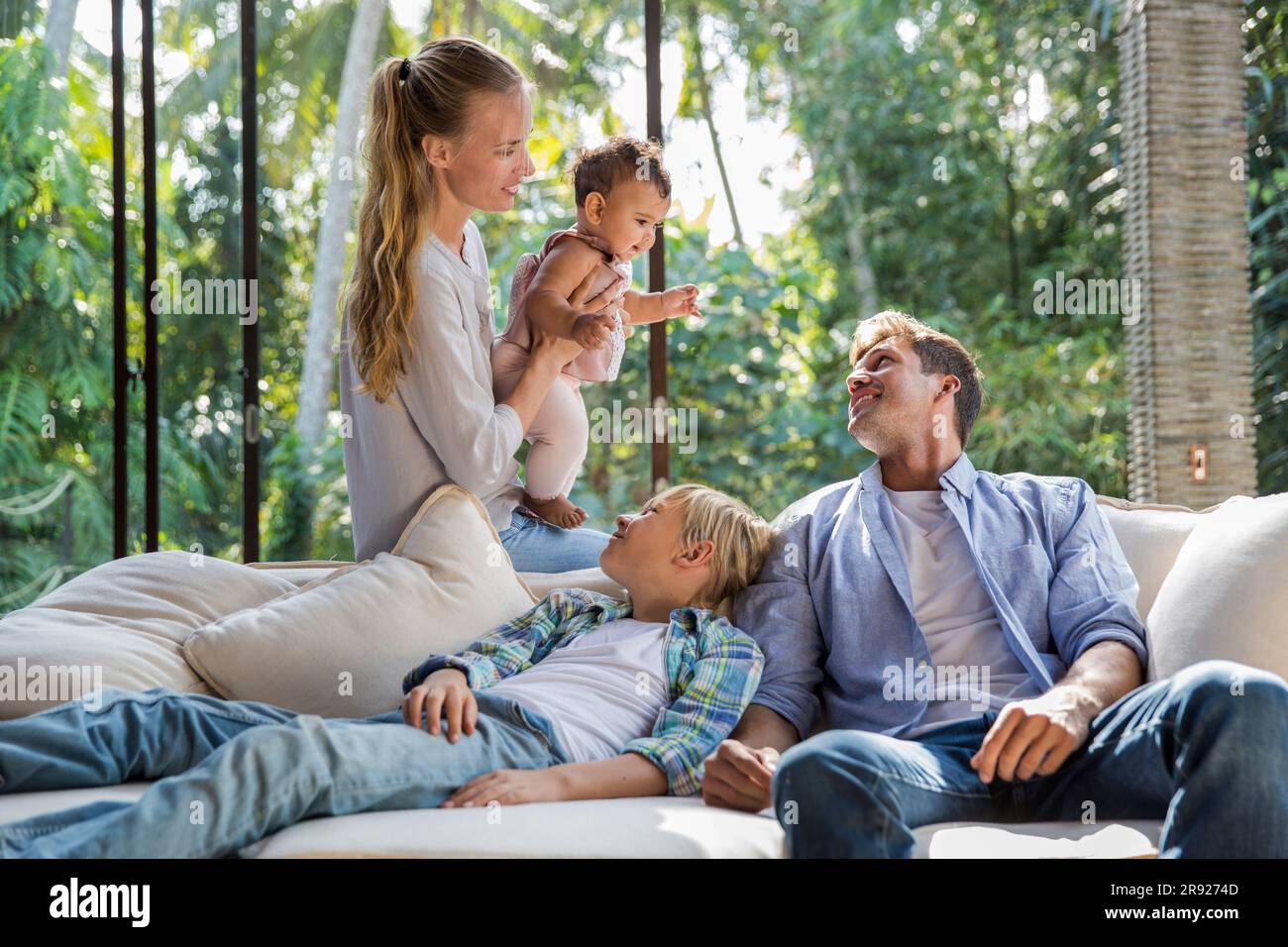 Happy family spending time together and enjoying at home Stock Photo