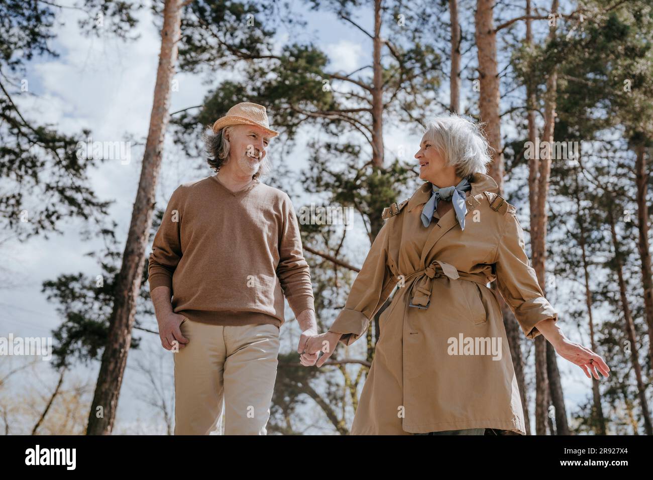 Romantic couple holding hands walking in forest Stock Photo - Alamy