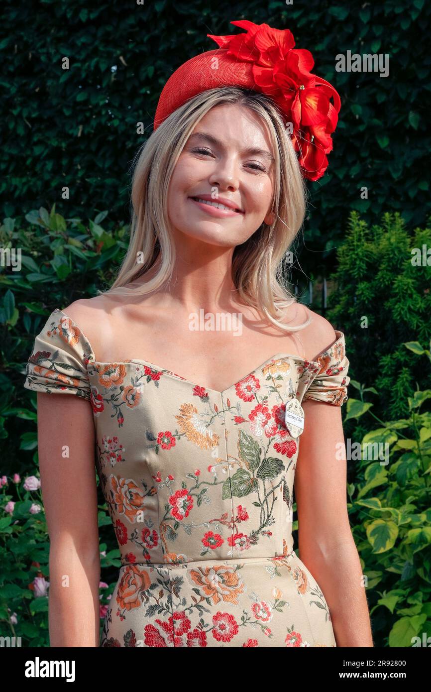 Ascot, Berkshire, UK. 23rd June, 2023. Georgia Toffolo, media personality and TV star from 'I'm a Celebrity', also known as Toff, poses on Day 4 of Royal Ascot. Georgia is a regular visitor to Ascot. She is wearing a dress by Markarian NYC and hat by Juliette Millinery with an Anya Hindmarch bag. Credit: Imageplotter/Alamy Live News Stock Photo