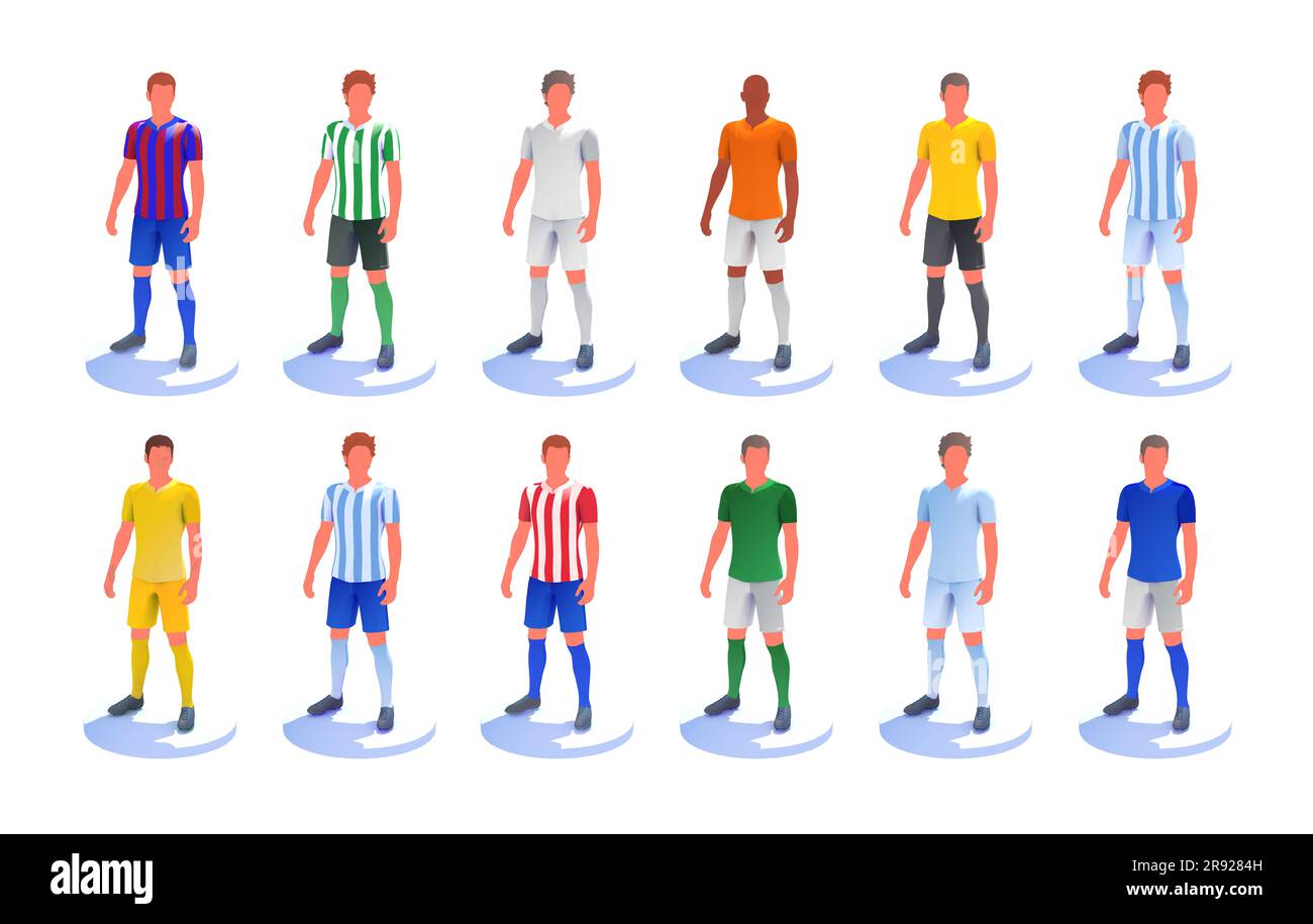 3d illustration of several football (succer) players. T-shirts with the color of various national teams and teams Stock Photo