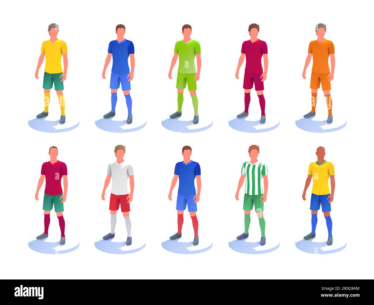 3d illustration of several football (succer) players. T-shirts with the color of various national teams and teams Stock Photo