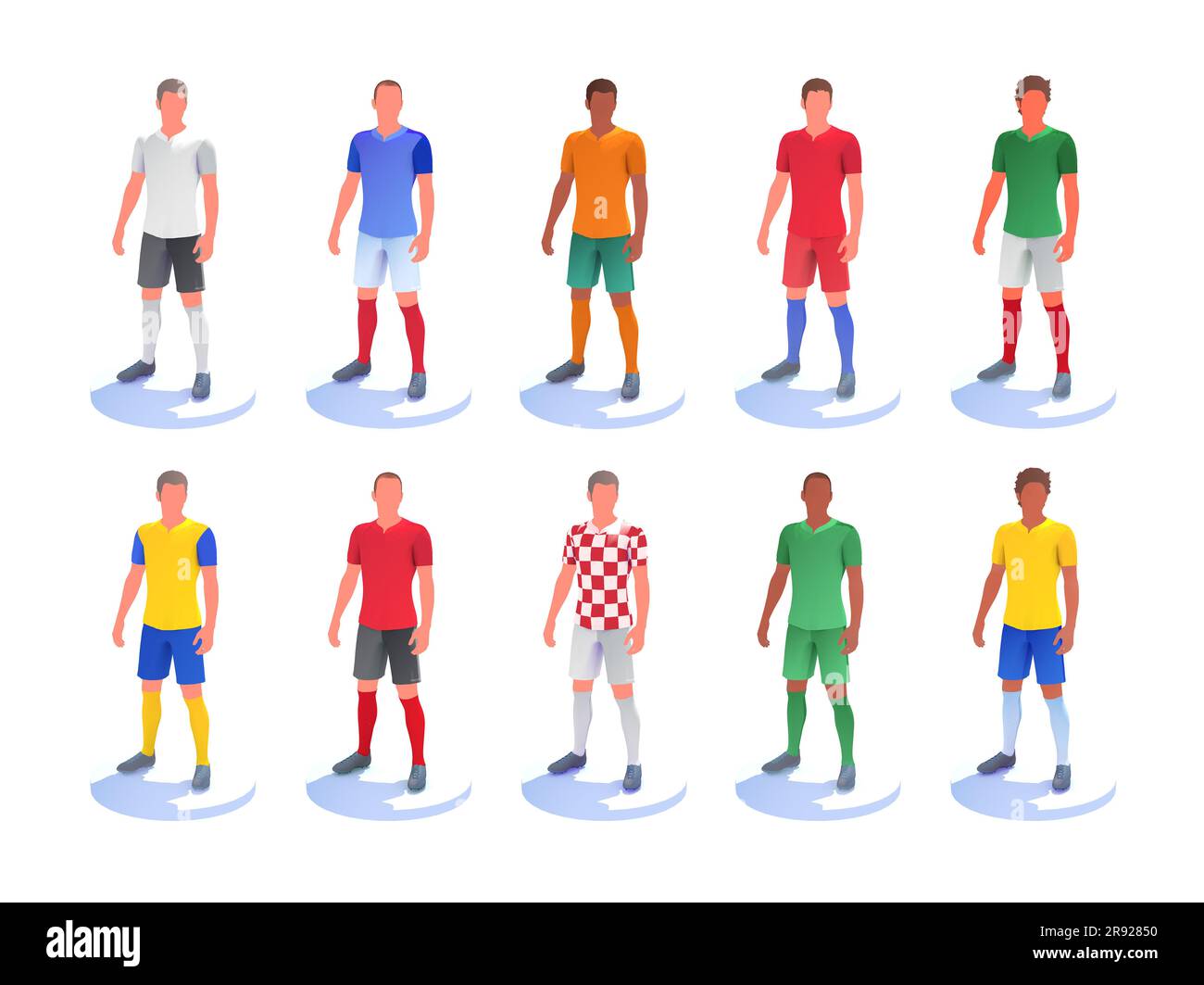 3d illustration of several football (succer) players. T-shirts with the color of various national teams and teams Stock Photo