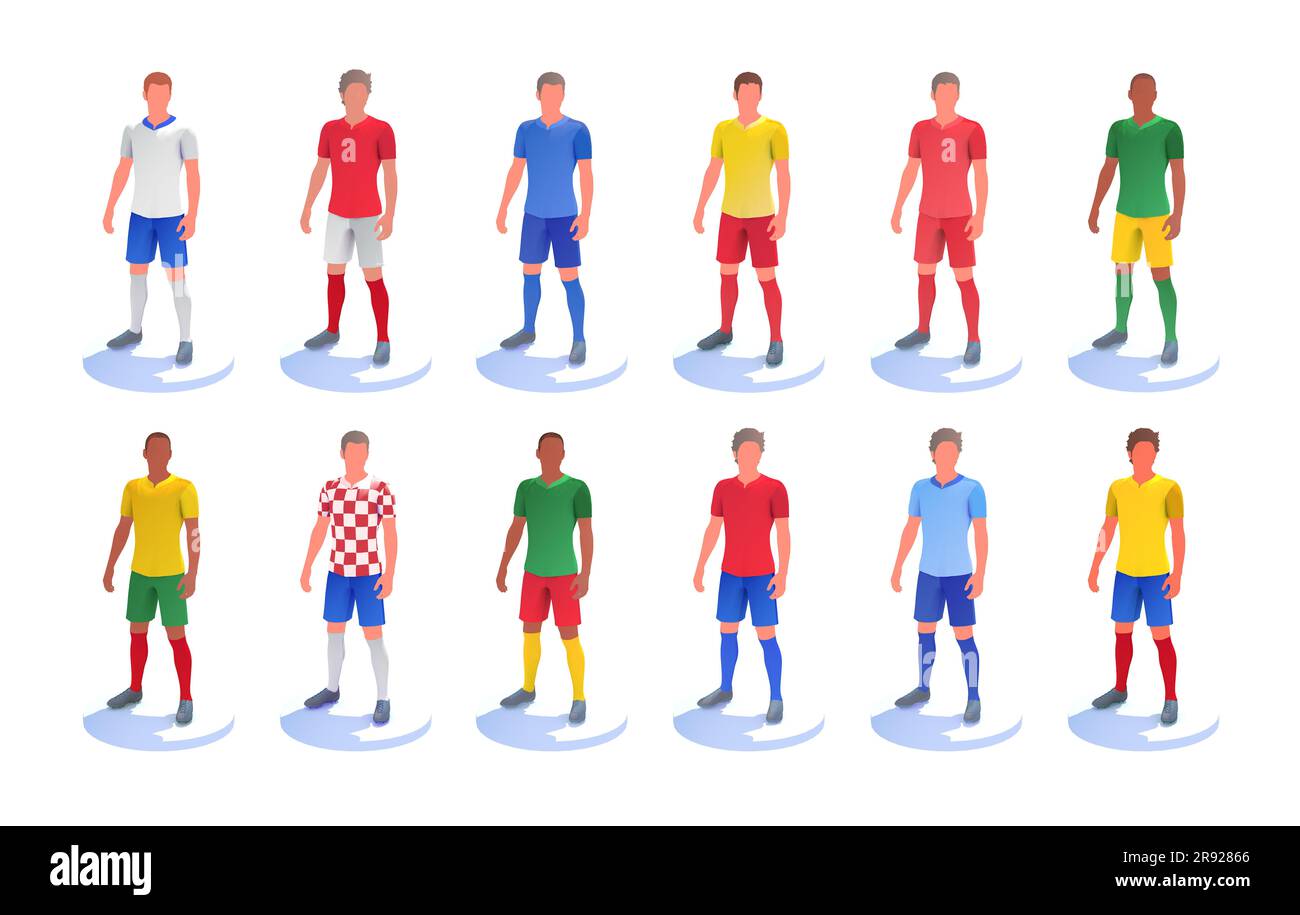 3d illustration of several football (succer) players. T-shirts with the color of various national teams and teams Stock Photo