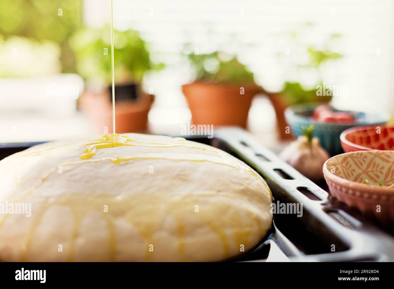 Fresh focaccia bread dough with olive oil Stock Photo
