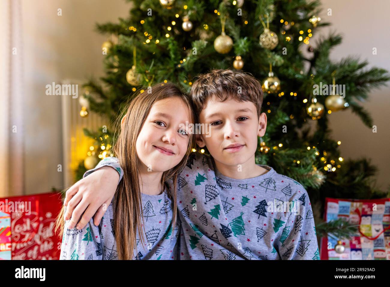 Smiling sister and brother sitting in front of Christmas tree at home Stock Photo