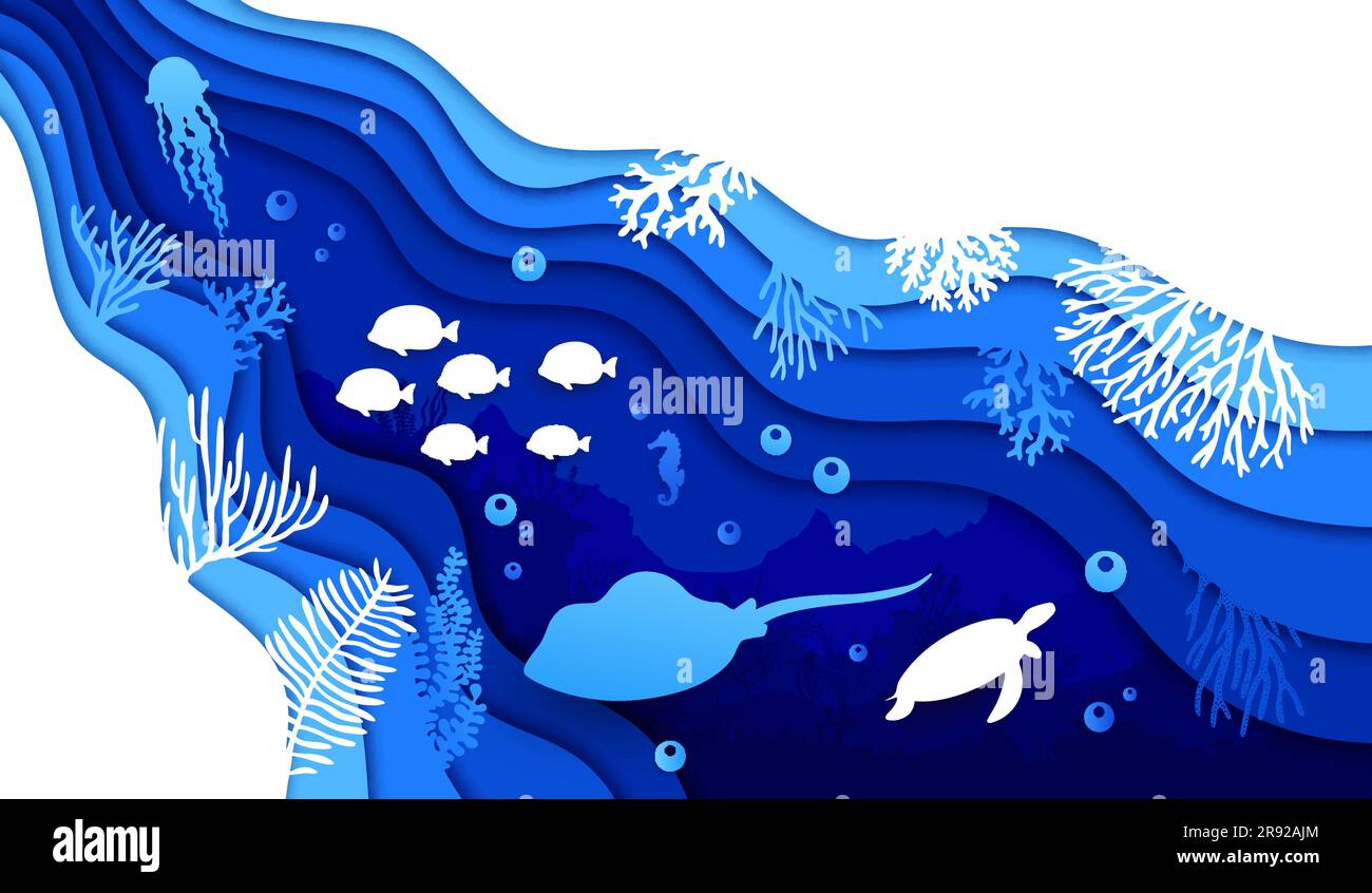 Underwater paper cut, sea landscape with stingray, seaweeds and fish ...