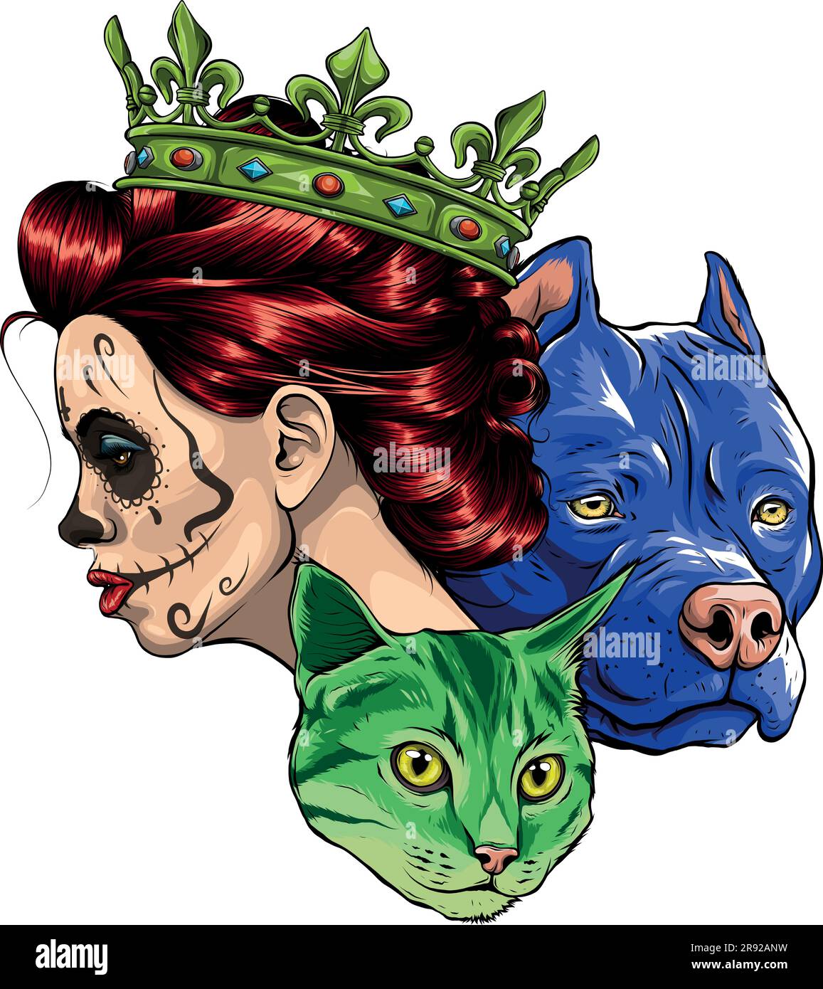 vector illustration of Queen of death with dog and cat head Stock