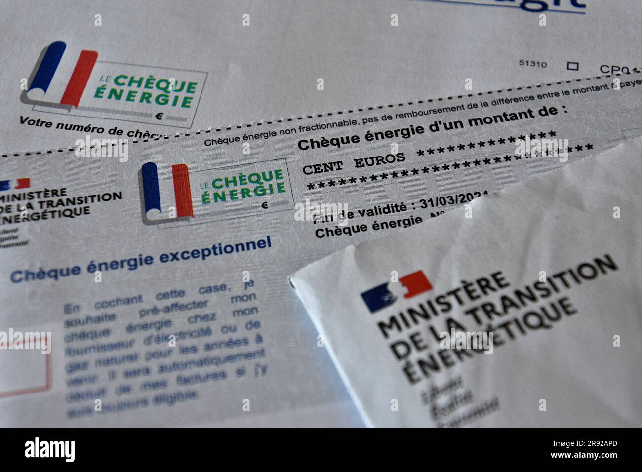 June 23, 2023, France: In this photo illustration, the documents concerning the energy check seen on display. To cope with soaring energy prices in French households, the French government has set up an energy check for the most modest households. Paid since April 21, 2023 and valid until March 31, 2024, the amount which varies between 48 and 277 euros, aims to support low-income households who are struggling to pay their electricity, gas, wood or of fuel oil. 5.8 million beneficiaries must receive this check according to a schedule that depends on their department of residence. (Credit Image: Stock Photo