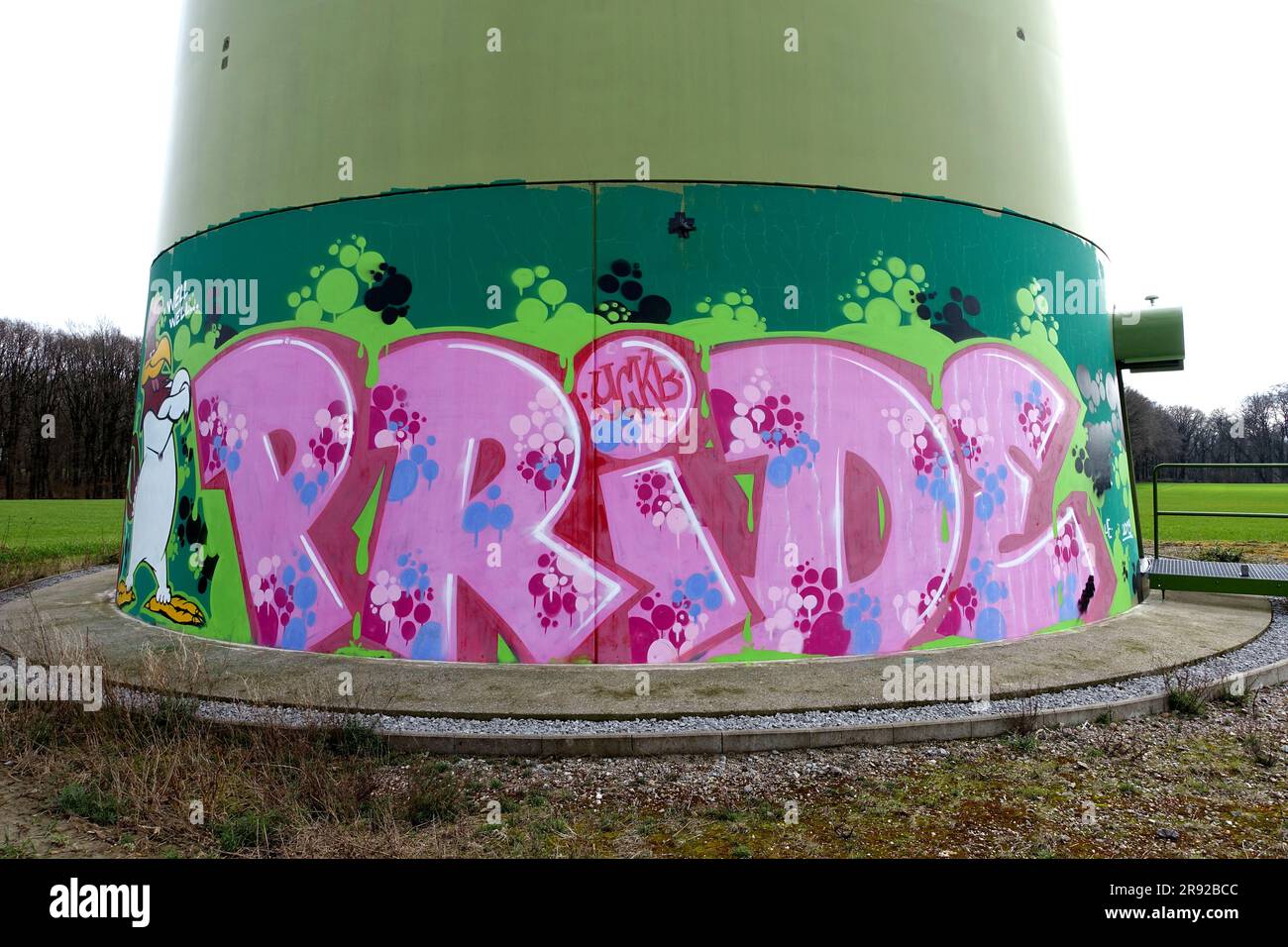 Graffiti 'Pride' on a windmill in the field, Germany, North Rhine-Westphalia Stock Photo