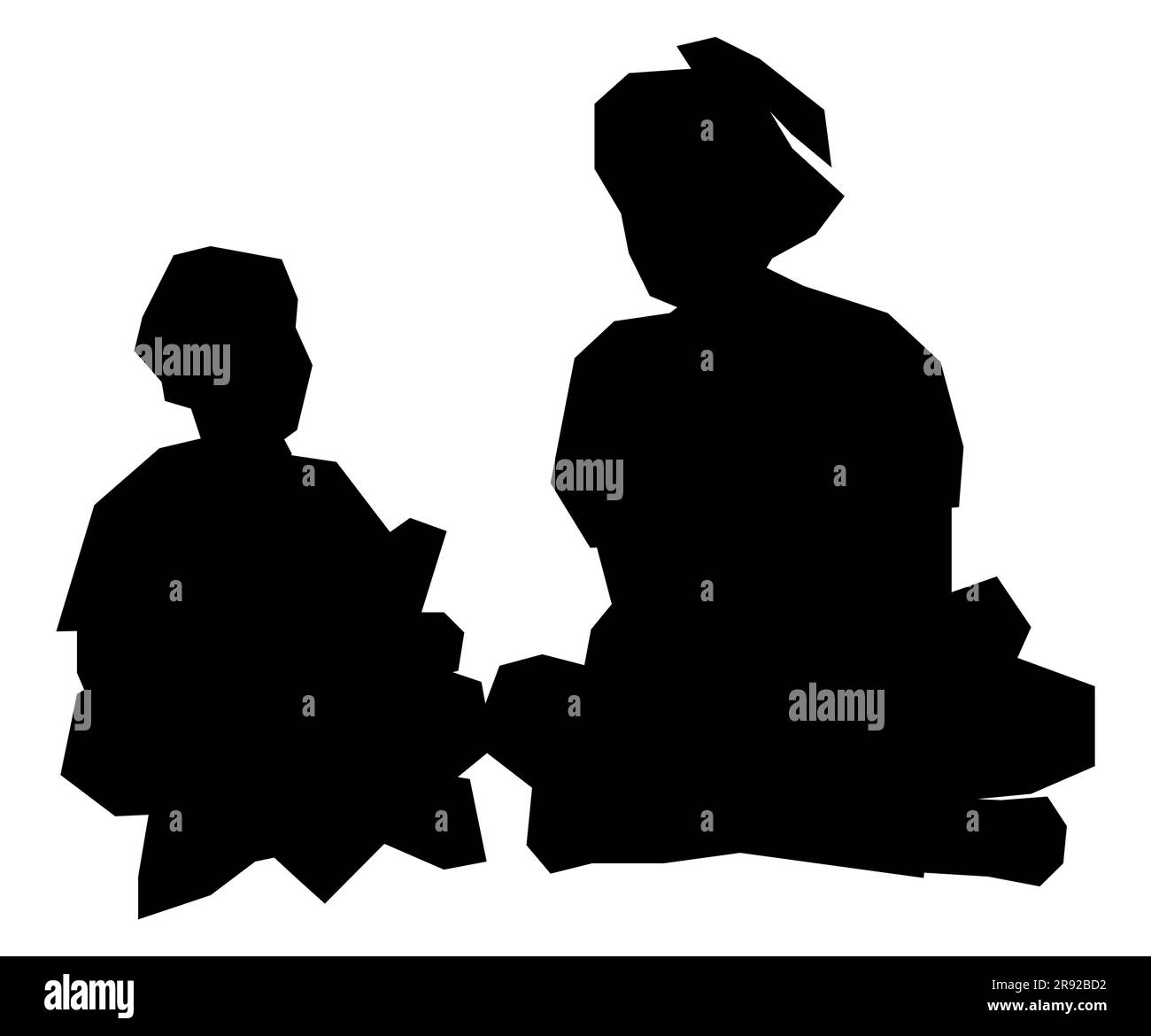 Black silhouette of a mother with short hair sitting with her son, interacting and communicating with her child, vector isolated on white background Stock Vector