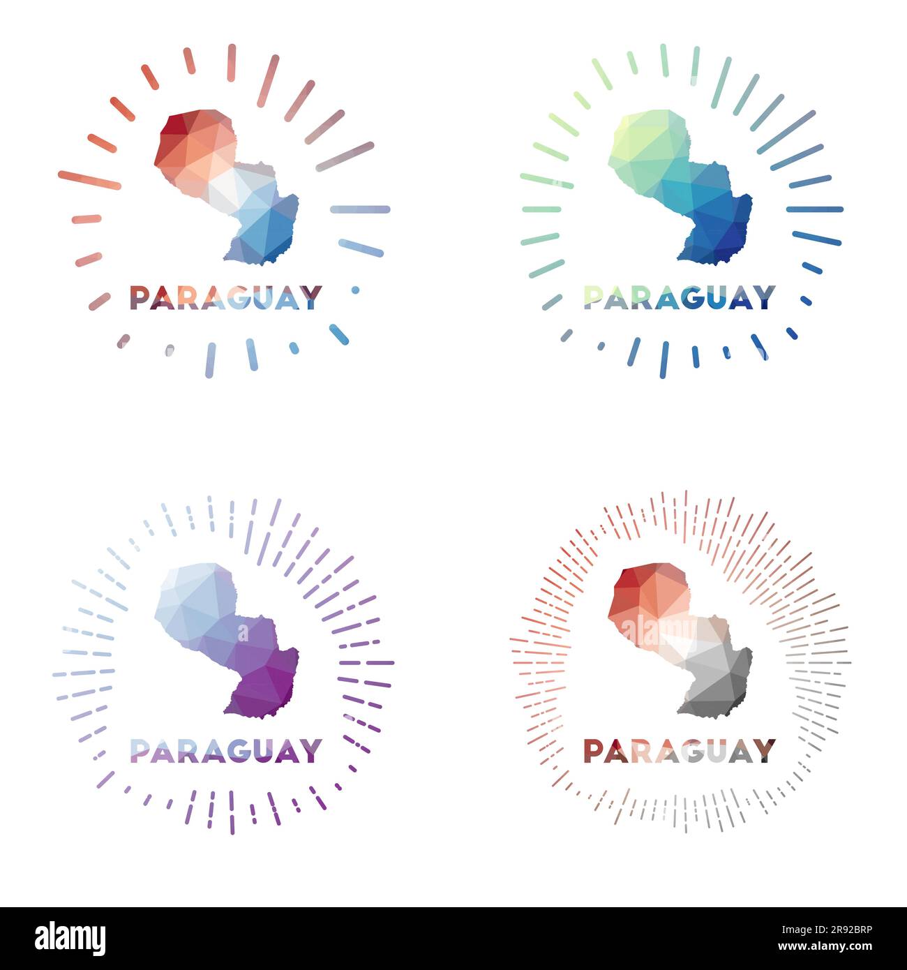 Paraguay low poly sunburst set. Logo of country in geometric polygonal style. Vector illustration. Stock Vector