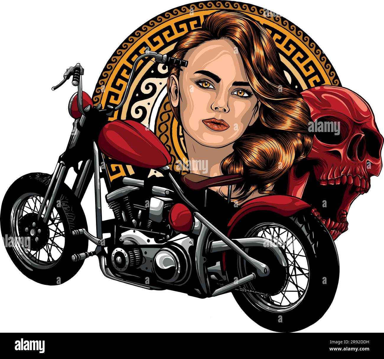 vector illustation of chopper motorcycle with skull and woman head