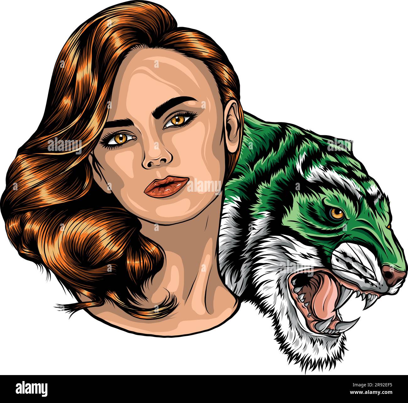 vector illustration of woman with long hair and roaring wild tiger head