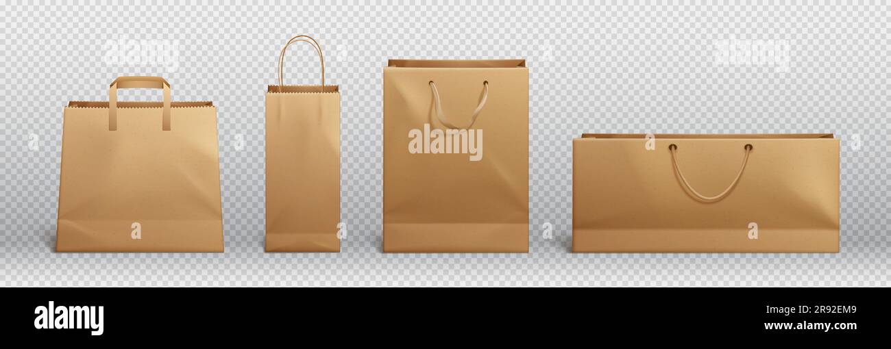 Craft brown paper bag and handle vector mockup. Shopping package mock ...