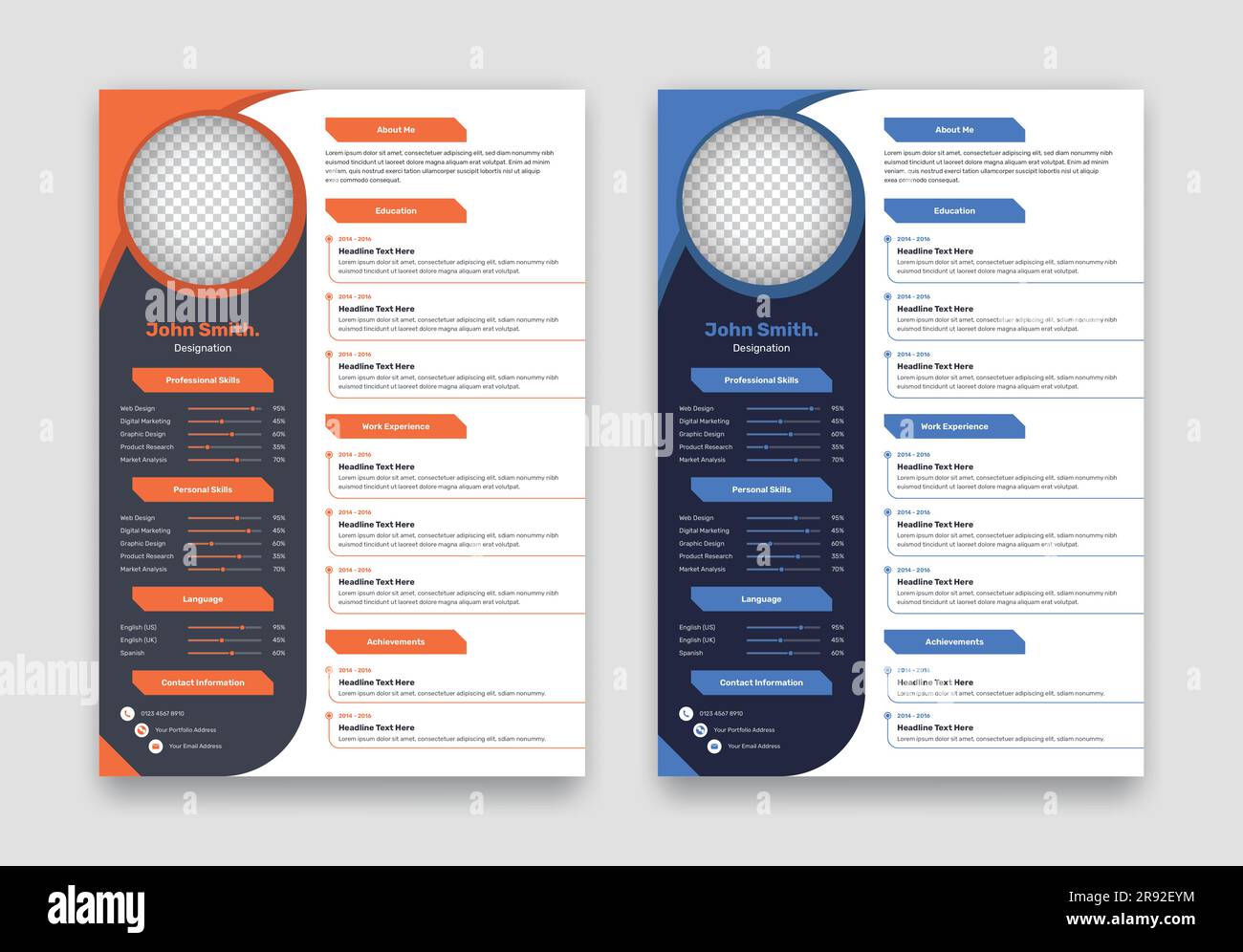 Modern professional cv or resume layout design with two color variations Stock Vector