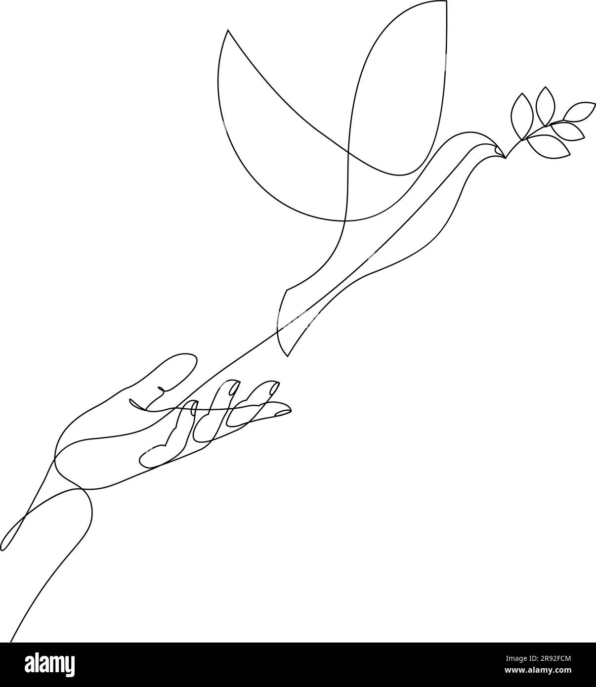 Continuous one line drawing of releasing a dove with olive branch from hand to flight. Peace day concept drawn by single line. Vector illustration Stock Vector