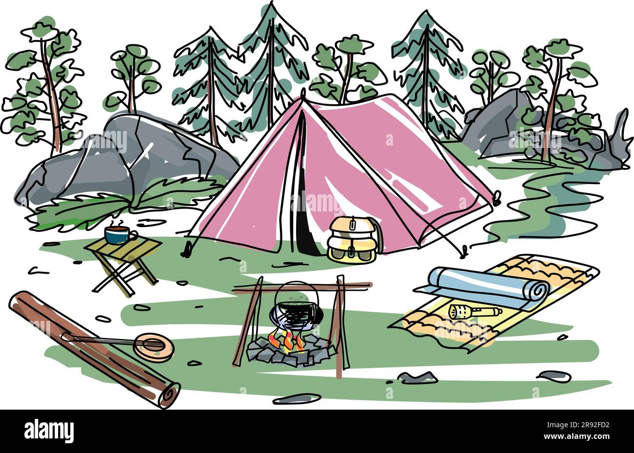 camping ,tent in the forest, cartoon vector Stock Vector Image & Art