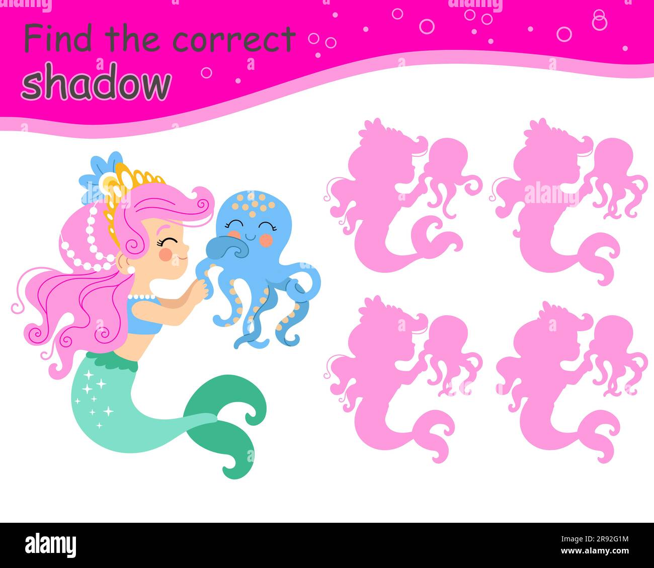 Find the correct shadow game with mermaid and octopus. Kids