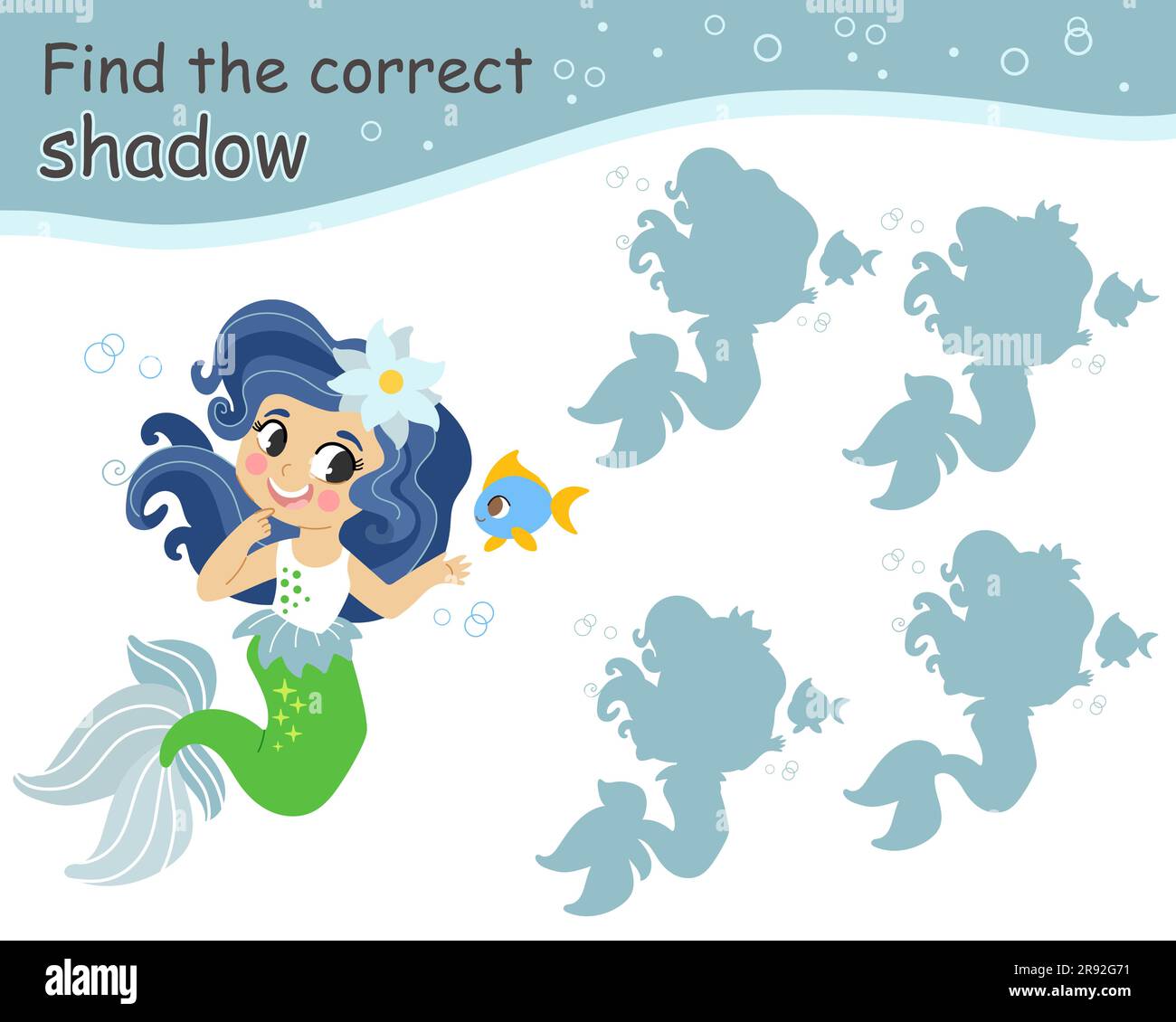 Find the correct shadow game with mermaid and little fish. Kids