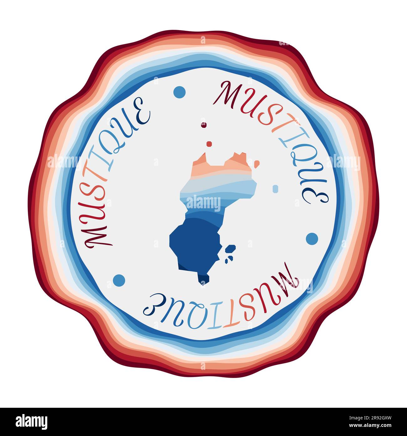 Mustique badge. Map of the island with beautiful geometric waves and ...