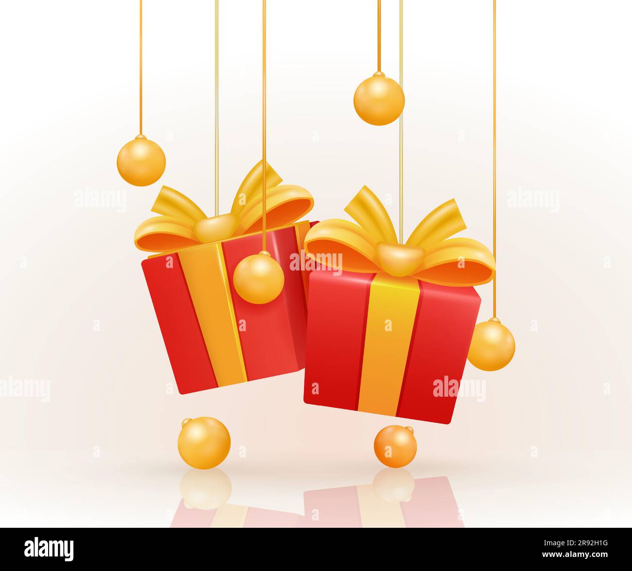3D vector realistic red gift box with gold ball elements hanging by a ...