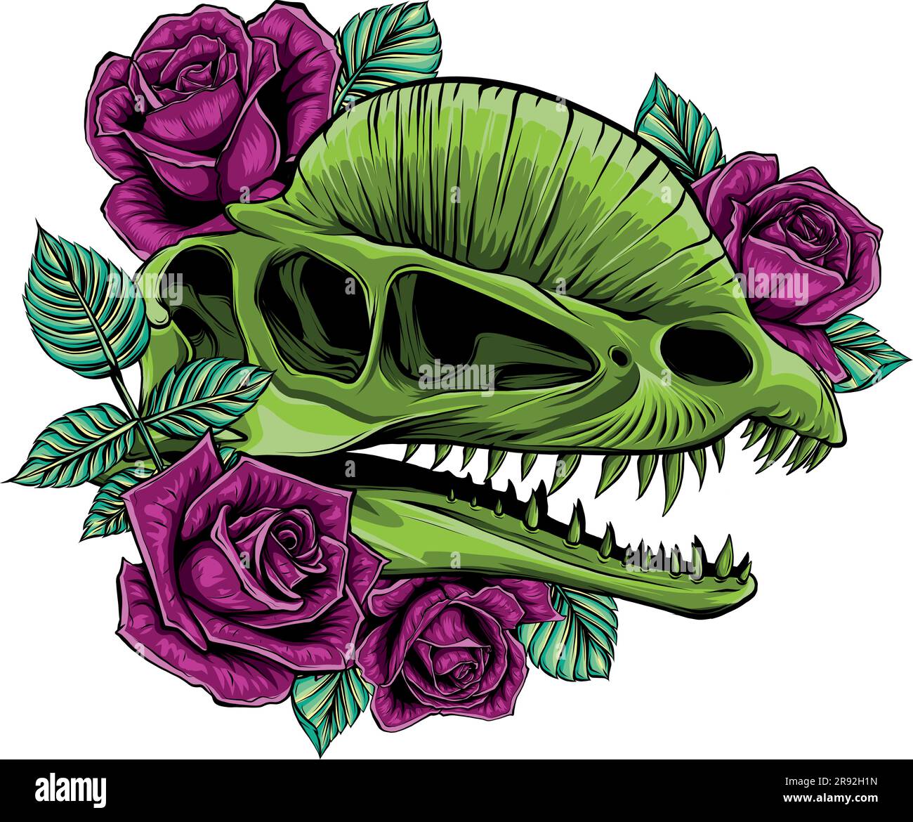 dinosaur head skull with rose artwork design Stock Vector