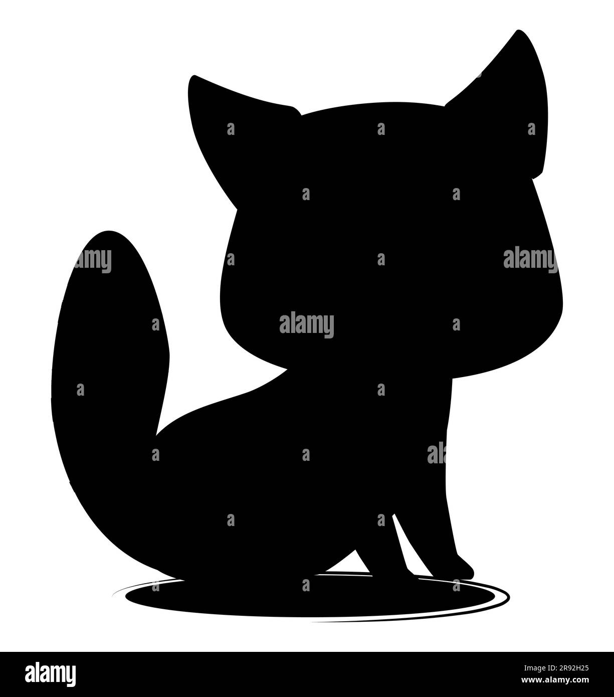 Black silhouette of a cute cartoon fox sitting on the ground. Forest