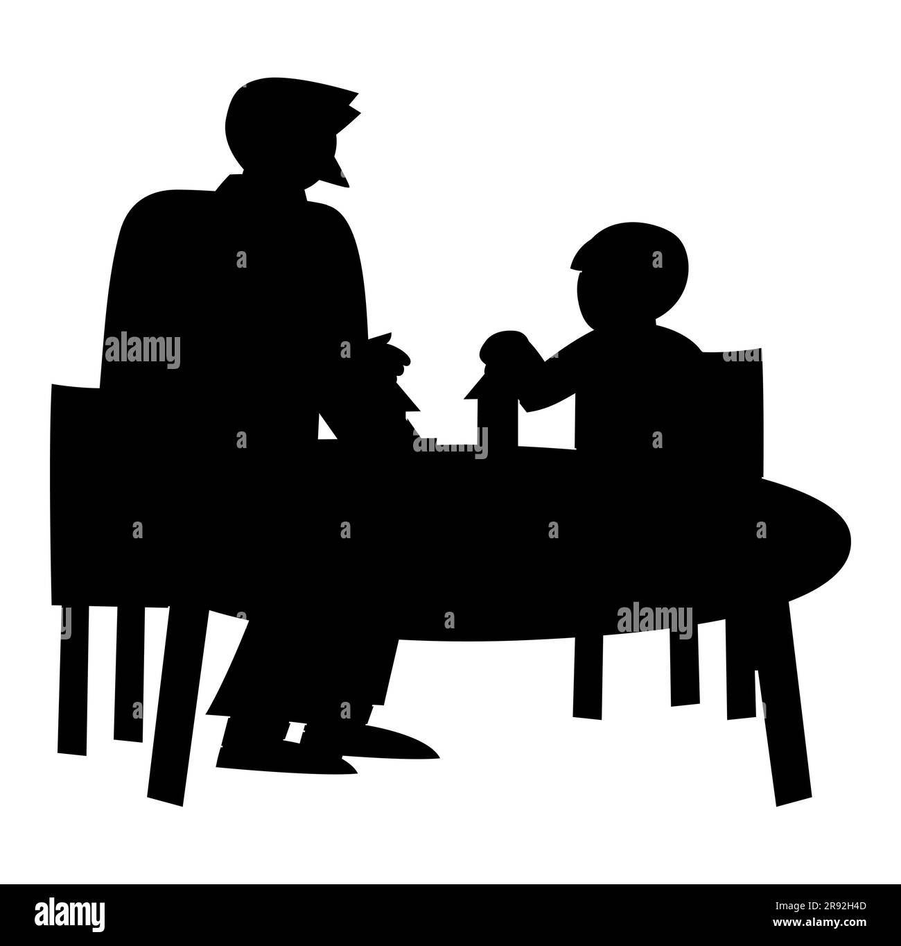 Black silhouette of a father and son eating in a restaurant, eating out